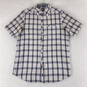 Ibex Button-Up Shirt Mens Medium Ivory Blue Plaid Organic Cotton Short Sleeve